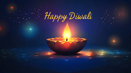 Happy Diwali Celebration Banner Greeting Card Design With Illuminated Oil Lamp Diya On Glossy Blue Background Decorated With Lights Effect