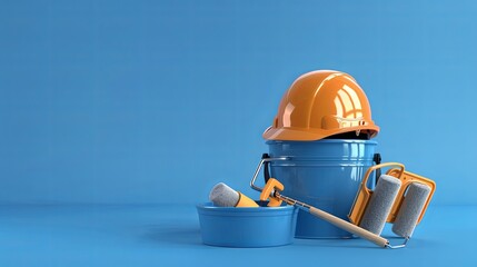 Poster - 3D rendering of construction safety helmet, paint tools, and buckets on blue background, illustrating materials used for renovating apartments and interiors. Generative AI