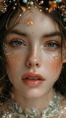 Wall Mural - Close-up Portrait of a Woman with Delicate Floral Crown and Glitter Makeup