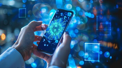 Fototapete - A smartphone shows a virus alarm alert as the user interacts with an application focused on network protection and security. Generative AI