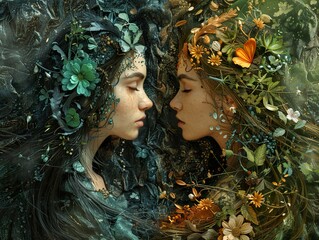 Canvas Print - Two Women Embracing Nature: A Floral Fantasy