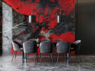 Modern dining room interior with black chairs, a black table, and a red and black abstract wall.