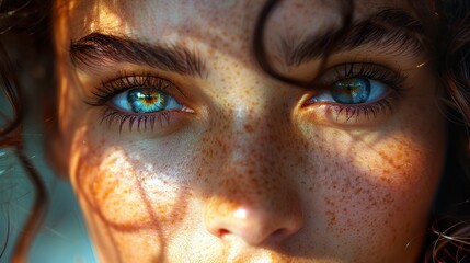 Wall Mural - Close Up Portrait of a Woman with Freckles and Beautiful Eyes