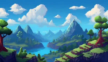 Wall Mural - A whimsical platform game background showcasing vibrant pixelated mountains and diverse trees under a bright sky. Generative AI