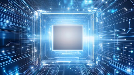 Abstract digital technology background with glowing lines and a central square in a futuristic style.