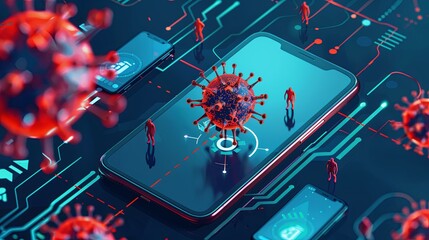 Fototapete - People interact with a smartphone displaying an emergency alert about a virus, highlighting the importance of data protection. Generative AI