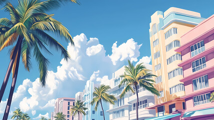 Wall Mural - Vibrant pastel-colored art deco buildings line ocean drive, palm trees sway in the ocean breeze, against a bright blue sky with puffy white clouds. Pastel Drawing. Illustration