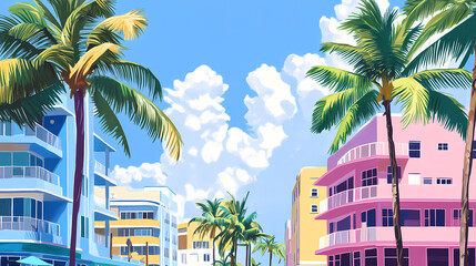 Wall Mural - Vibrant pastel-colored art deco buildings line ocean drive, palm trees sway in the ocean breeze, against a bright blue sky with puffy white clouds. Pastel Drawing. Illustration