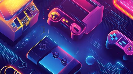 A vibrant, neon-colored illustration of various retro video game consoles and controllers.