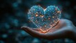 © printartist - Hand Holding Glowing Geometric Heart with Interconnected Light Points on Dark Blue Gradient Background – Futuristic, Minimalist Design with Soft Light