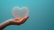 © printartist - Hand Holding Glowing Geometric Heart with Interconnected Light Points on Dark Blue Gradient Background – Futuristic, Minimalist Design with Soft Light