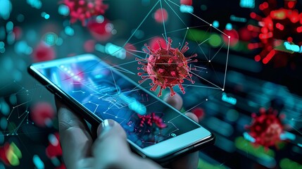 Fototapete - A smartphone displays an emergency alarm signaling a virus alert as users engage with a data protection app to ensure security. Generative AI