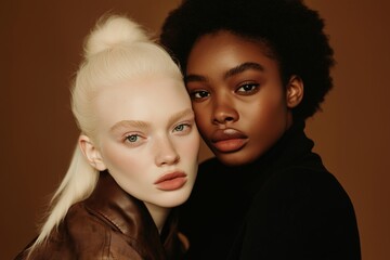 Two women are posing for a photo, one with blonde hair and the other with dark hair. The photo has a warm, friendly vibe and showcases the beauty of diversity