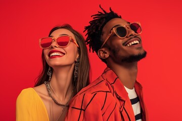 Poster - A man and a woman are smiling and wearing sunglasses. The woman is wearing a yellow shirt and the man is wearing an orange jacket