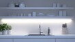 © KHF - Light home kitchen interior with bar counter, sink, and kitchenware on shelves