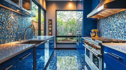 A modern kitchen with blue cabinets, a stainless steel sink, and a yellow stand mixer. The backsplash and floor are tiled in blue and yellow mosaic tiles. 