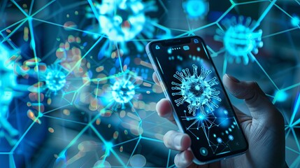 Fototapete - A person using a smartphone receives an emergency alert for a virus infection, showcasing data protection features in action. Generative AI