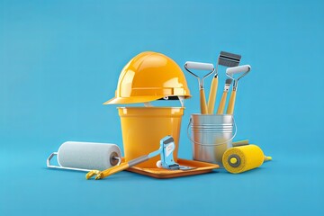 Poster - A 3D rendering showcasing a safety helmet, paint buckets, rollers, and brushes for apartment renovation. Generative AI