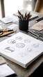 © bcendet - Sketchbook with pencil sketches of logo designs on a wooden table with pencils, paper, and other supplies.