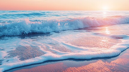 Wall Mural - soft, foamy wave rolling onto a sandy beach at sunset.