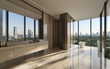 Wall Mural - A modern, luxurious bathroom with large windows showcasing a city skyline and abundant natural light.