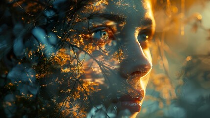 Canvas Print - Woman's Face Overlaid with Nature - Dreamy Portrait