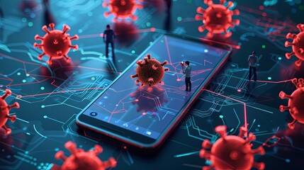 Fototapete - A smartphone displays an emergency alert for data protection as users engage with the application amid a virus threat. Generative AI