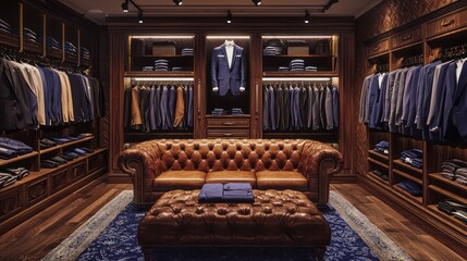 Wall Mural - a luxurious men's fashion boutique with leather sofas, a selection of fine suits, and tailored servi