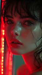 Sticker - Intense Portrait of a Woman with Wet Hair and Red Neon Lights