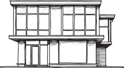 a black and white line drawing of a modern building. The building appears to be a two-story structure with a flat roof and large windows on the second floor