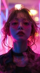 Wall Mural - Neon Lights Portrait: Woman in Pink and Blue