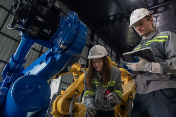 engineer standing by robotic arm and operating machine in industry factory, technician worker check 