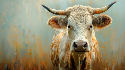 Poster - Close-Up Portrait of a Cow with Horns