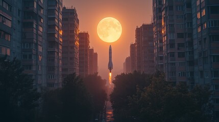 Wall Mural - a rocket is flying through a city at night with a full moon in the background. the scene is dark and