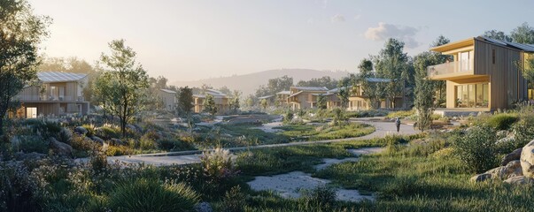 Wall Mural - a panoramic shot of a sustainable residential area designed to blend into the natural landscape with