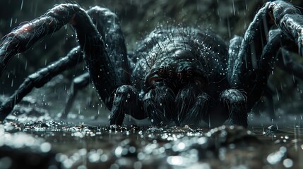 Canvas Print - Close-Up of a Wet Spider in the Rain