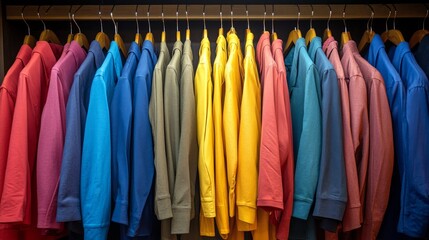 A row of colorful shirts hanging on a clothes rack in a closet.