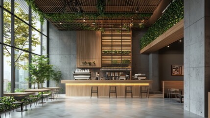 Wall Mural - a sleek modern cafe with an open-concept layout, high ceilings, and a minimalist design featuring na