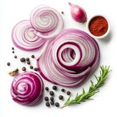 Canvas Print - Freshly sliced red onions are beautifully arranged on a white background. The image features vibrant colors and textures. Ideal for food blogs or recipes. AI