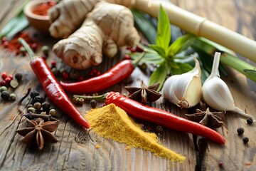 Poster - A colorful arrangement of ginger, garlic, chili peppers, star anise, and lemongrass showcases a variety of Asian culinary spices. Generative AI