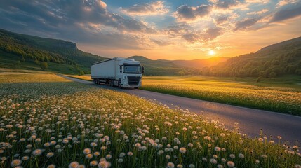 small truck lorry driving on sunny evening on the asphalt road on field landscape at sunset.  or trucks in on a highway