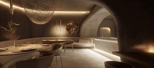 A contemporary restaurant interior with open seating, stylish decor, and creative lighting