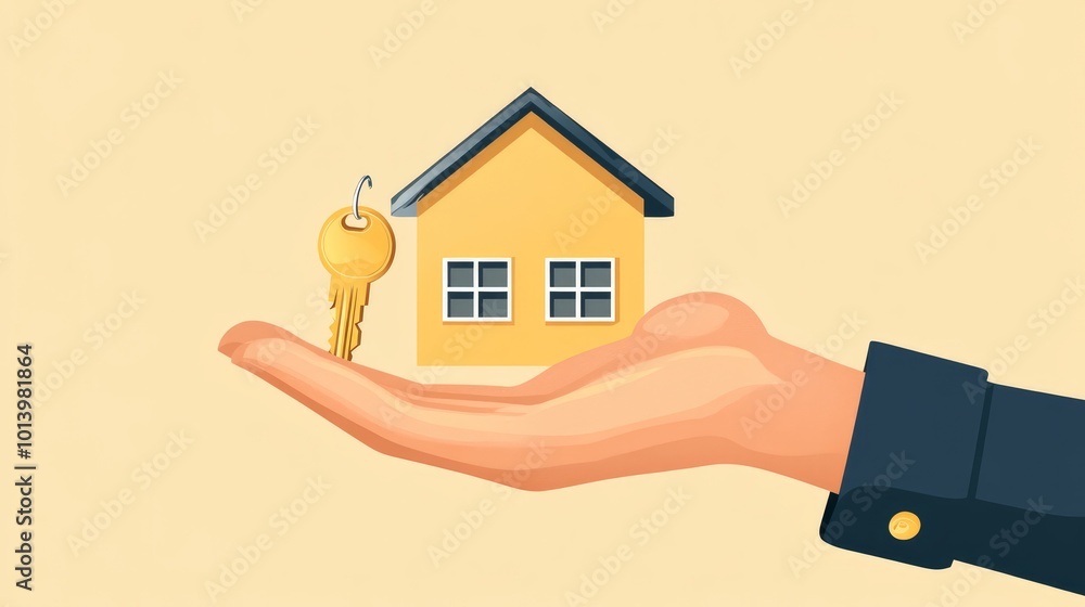 Hand of an agent holding a house in the palm and a key on the finger ...