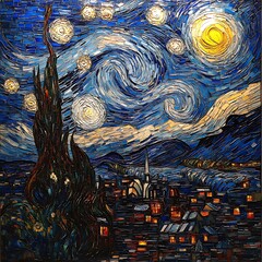 Canvas Print - Van Gogh The Starry Night Rendered in Constructivist Style neon color photo