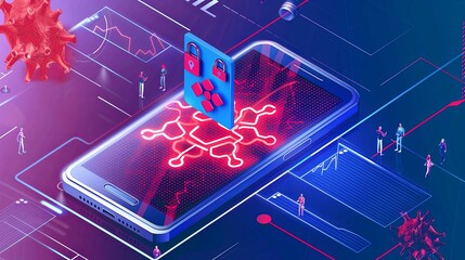 Fototapete - A smartphone displays an emergency warning for a virus, emphasizing the need for data protection as users respond to alerts. Generative AI