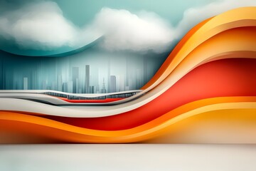 A futuristic digital painting showcasing a metropolitan cityscape with a continuous flowing transportation infrastructure system  Geometric abstractions vivid gradients