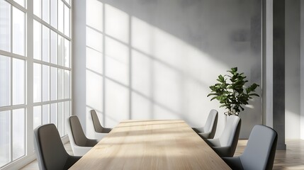 Modern conference room with wooden table, gray office chairs, and large windows, minimalist design, gray concrete wall background