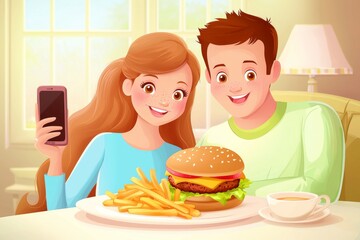 An happy couple takes a selfie with their smart phone at a burger pub restaurant - Young people take a lunch break at a cafe bar venue - Life style concept with a guy and girl hanging out, stock