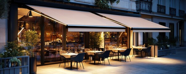 Wall Mural - an urban caf?(c) terrace with retractable awnings featuring integrated led lighting, enhancing the a
