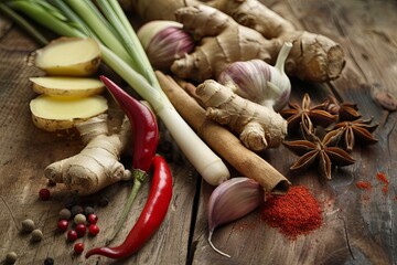 Poster - Fresh Asian spices like ginger, garlic, and chili peppers are artfully arranged on a rustic wooden surface, showcasing their vibrant colors. Generative AI